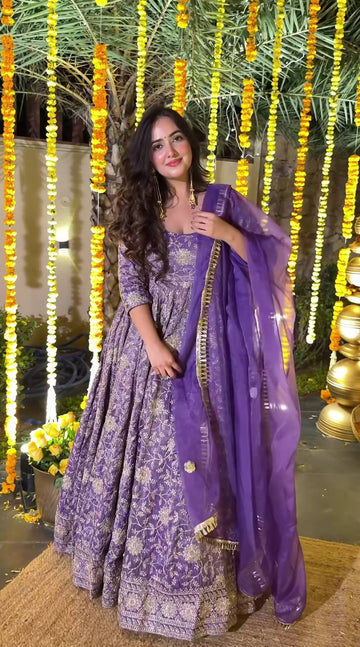 Purple Anarkali Suit Set for Women - Crunchy Silk Kurta with Organza Dupatta