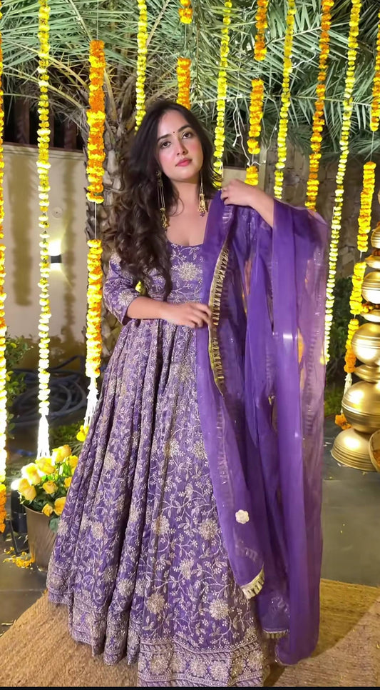 Purple Anarkali Suit Set for Women - Crunchy Silk Kurta with Organza Dupatta