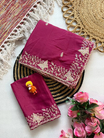 Plum Magenta Pure Star Georgette Saree with Butterfly Embroidery & Cutwork Border