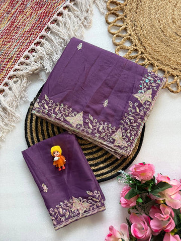 Deep Purple Pure Star Georgette Saree with Butterfly Embroidery & Cutwork Border