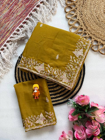 Mustard Olive Pure Star Georgette Saree with Butterfly Embroidery & Cutwork Border