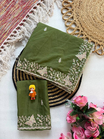 Olive Green Pure Star Georgette Saree with Butterfly Embroidery & Cutwork Border