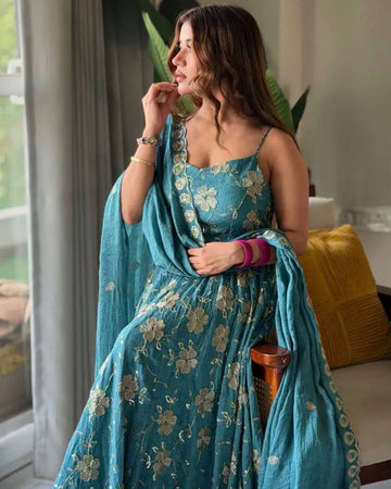 Firozi Floral Anarkali Suit Set for Women - Sleeveless Silk Kurta with Dupatta