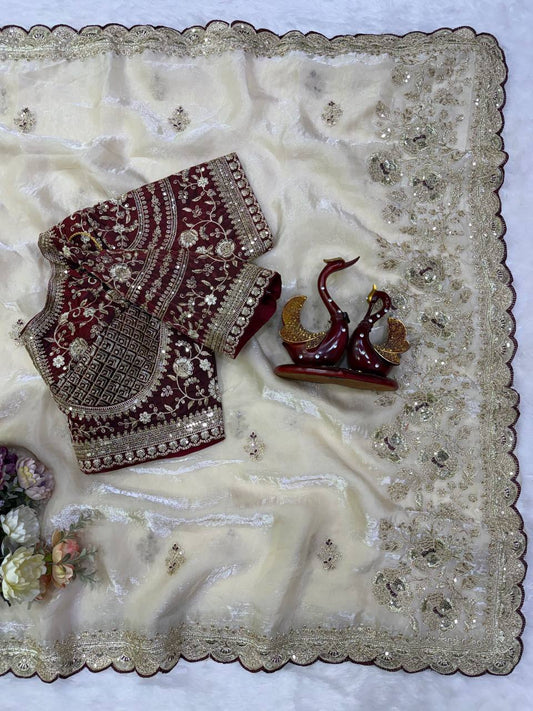 Off-White Silk Saree with Contrast Blouse