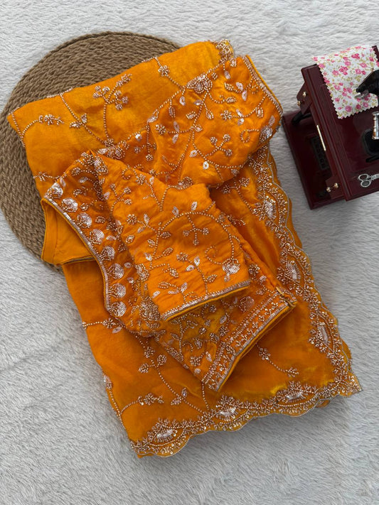Premium Yellow Fandy Silk Bids and Stone Work Saree