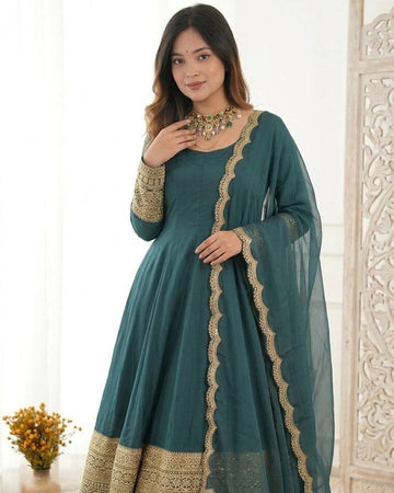 Green Anarkali Suit Set for Women - Natural Crepe Kurta with Organza Dupatta