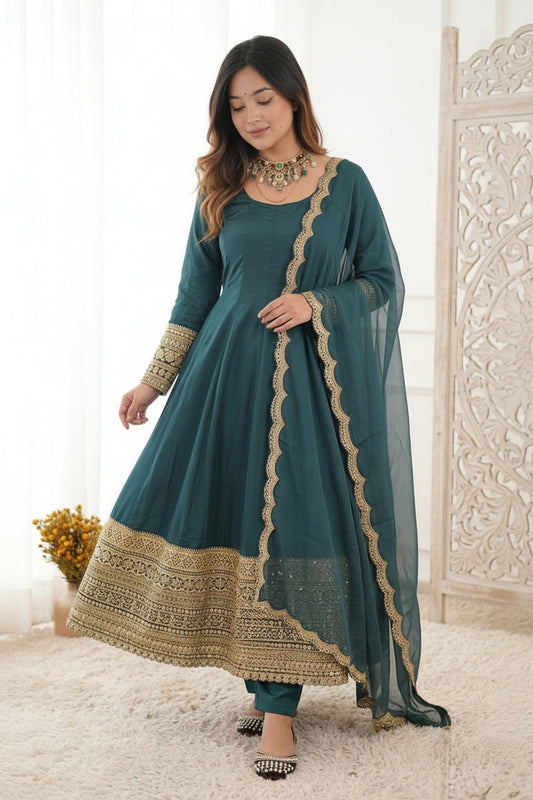 Green Anarkali Suit Set for Women - Natural Crepe Kurta with Organza Dupatta