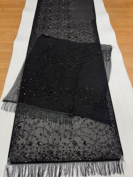 Black Georgette Party Wear Saree with Sequin Embroidery & Fringe Edges