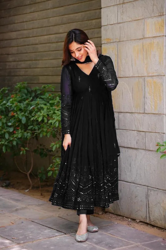 Whispering Breeze Georgette Embroidered Black Suit Set