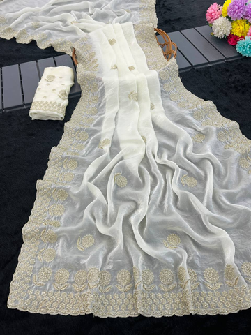 White Premium Fancy Satin Saree with Bits Embroidery & All-Over Butta Work