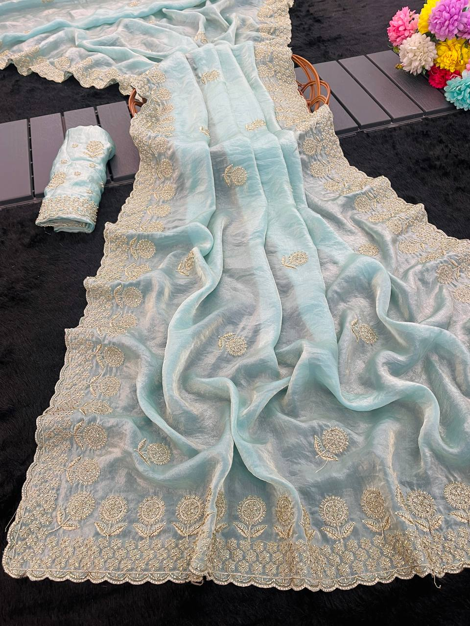 Sky Blue Premium Fancy Satin Saree with Bits Embroidery & All-Over Butta Work