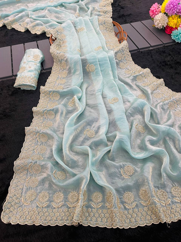 Sky Blue Premium Fancy Satin Saree with Bits Embroidery & All-Over Butta Work