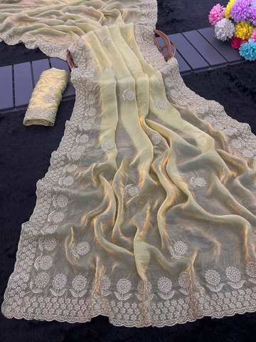 Light Yellow Premium Fancy Satin Saree with Bits Embroidery & All-Over Butta Work