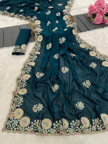 Teal Premium Blooming Vichitra Saree with Multi Thread Embroidery & Arco Cutwork Border