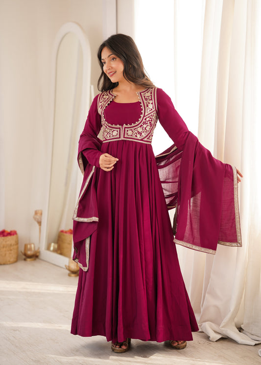 Wine Maroon Flared Anarkali Suit Set for Women with Koti & Dupatta