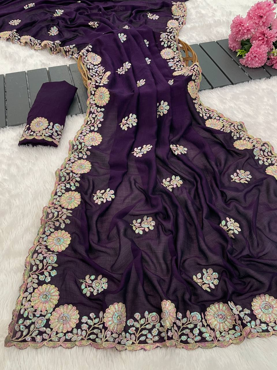Purple Premium Blooming Vichitra Saree with Multi Thread Embroidery & Arco Cutwork Border