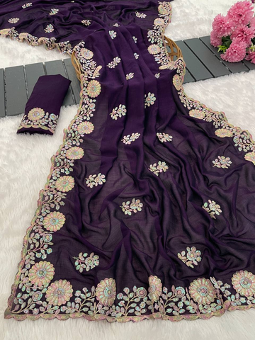 Purple Premium Blooming Vichitra Saree with Multi Thread Embroidery & Arco Cutwork Border