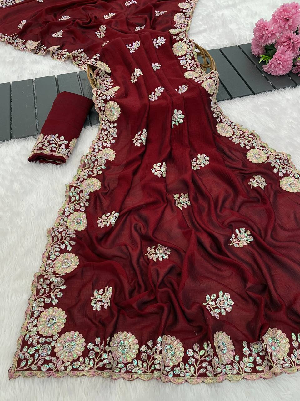Maroon Premium Blooming Vichitra Saree with Multi Thread Embroidery & Arco Cutwork Border