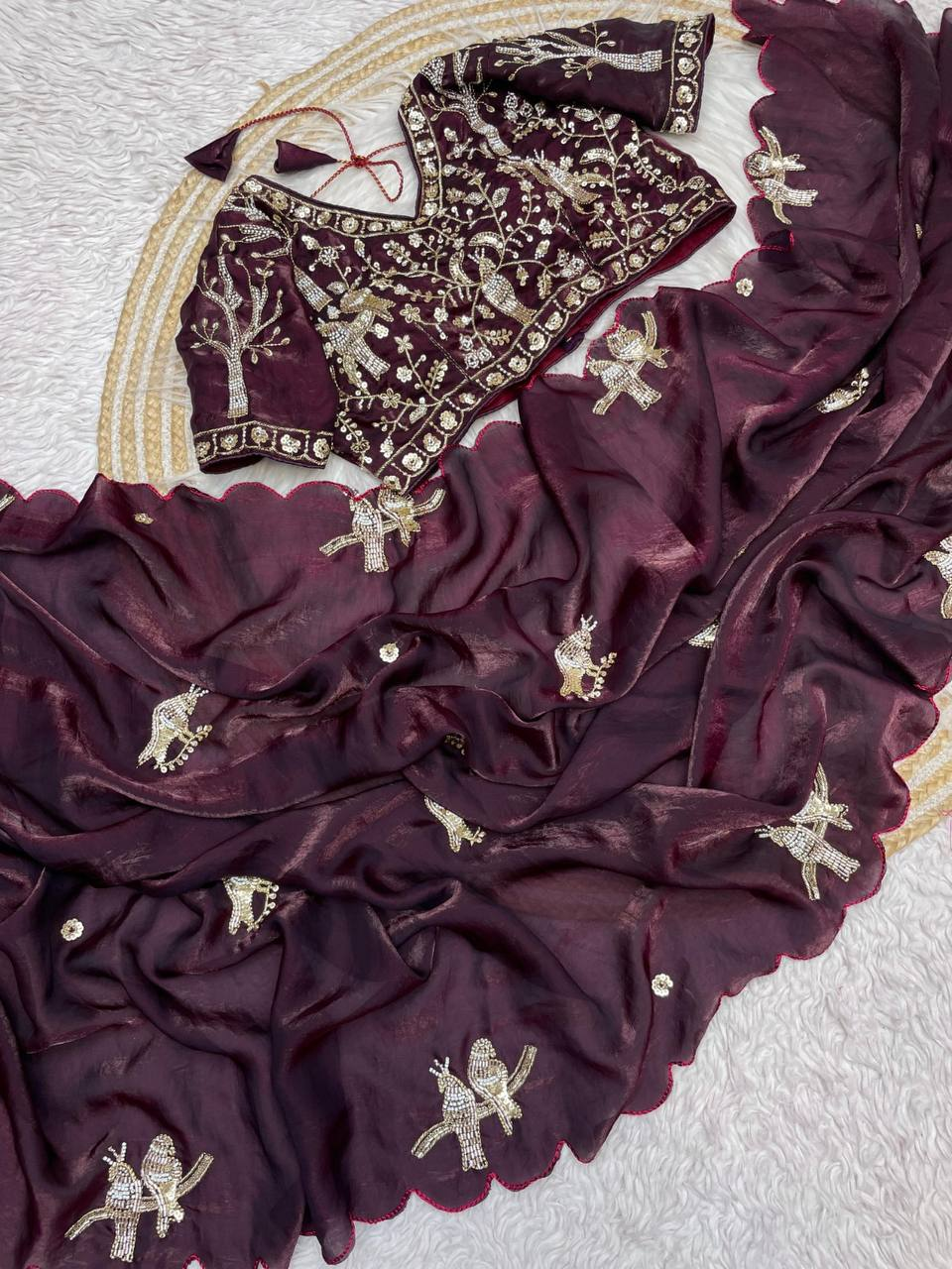 Wine Chakli Saree - Fancy Satin Silk with Sparrow Butta Bits Work & Cutwork Border