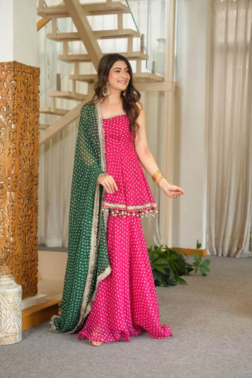 Rani Pink Bandhani Print Sharara Suit Set with Green Dupatta