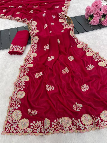 Rani Pink Premium Blooming Vichitra Saree with Multi Thread Embroidery & Arco Cutwork Border