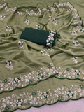 Olive Green Pure Vichitra Silk Saree with Sequence Thread Embroidery & Contrast Blouse