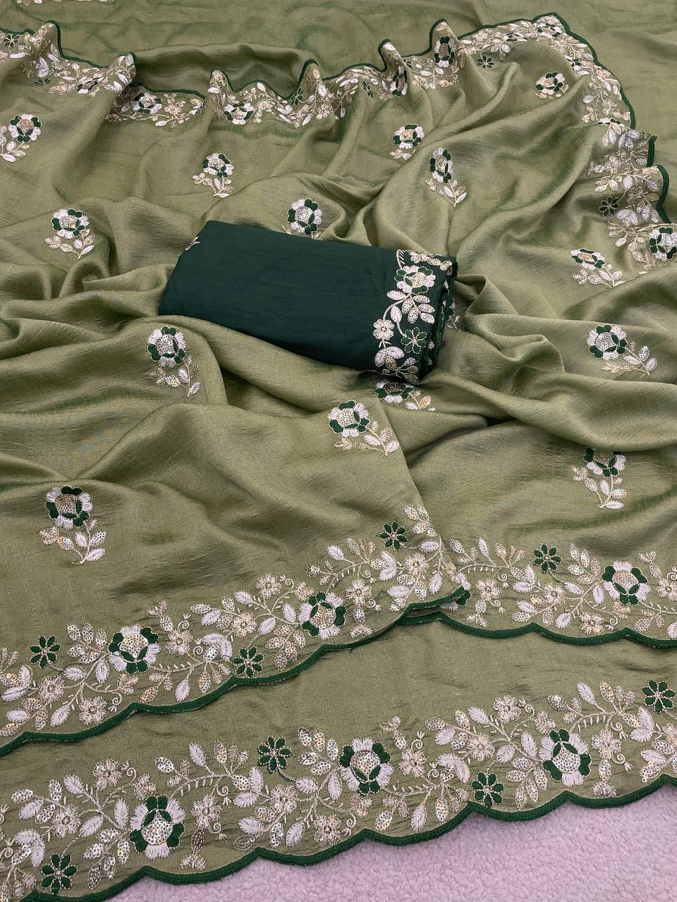 Olive Green Pure Vichitra Silk Saree with Sequence Thread Embroidery & Contrast Blouse