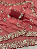 Peach Pure Vichitra Silk Saree with Sequence Thread Embroidery & Contrast Blouse