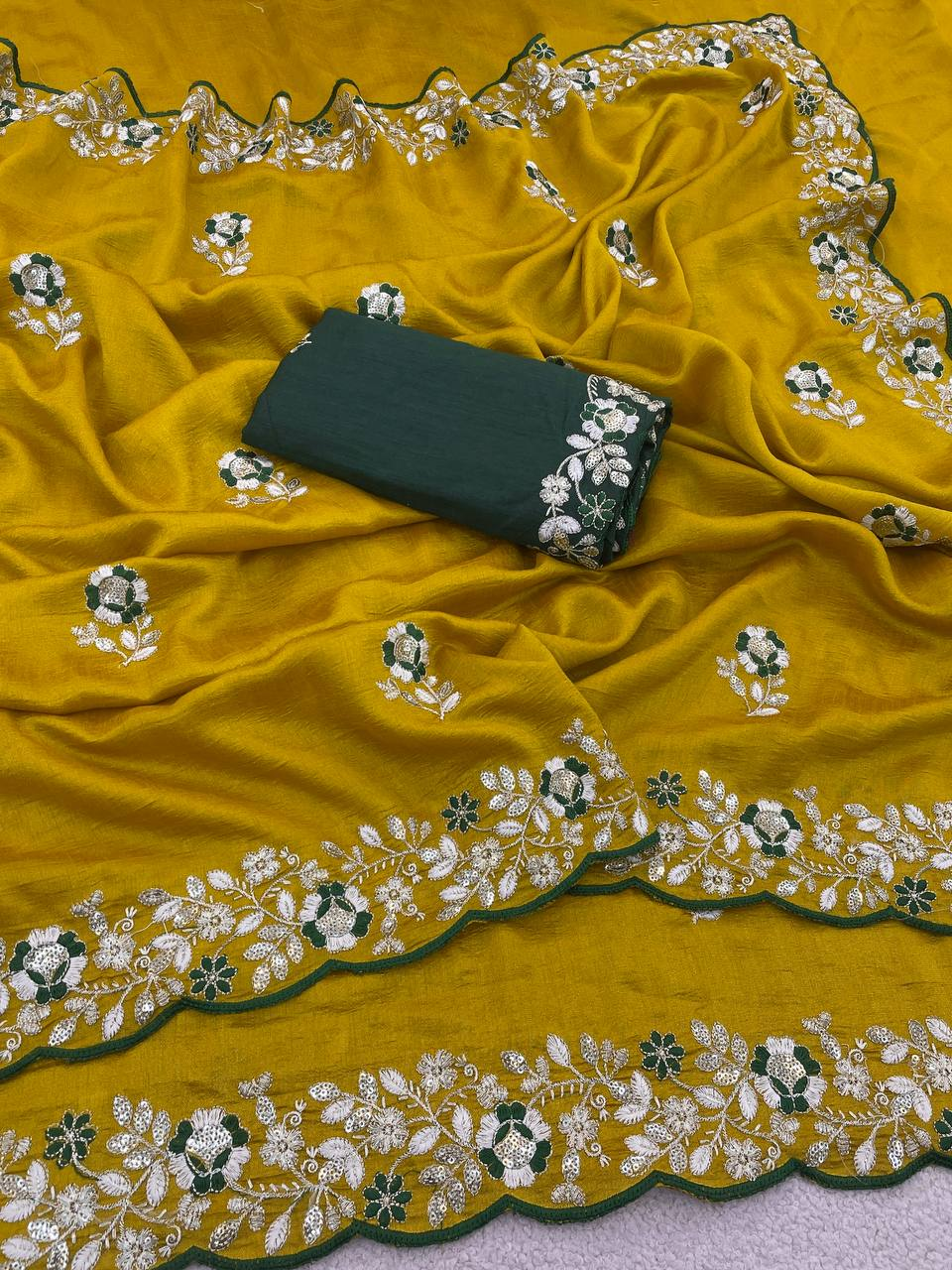 Mustard Pure Vichitra Silk Saree with Sequence Thread Embroidery & Contrast Blouse