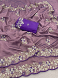 Mauve Pure Vichitra Silk Saree with Sequence Thread Embroidery & Contrast Blouse