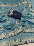 Teal Pure Vichitra Silk Saree with Sequence Thread Embroidery & Contrast Blouse