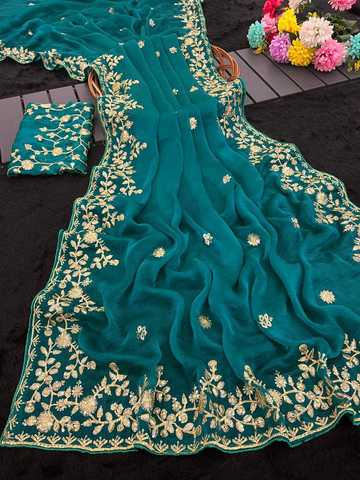 Teal Premium Fancy Chiffon Saree with 3mm Sequence Zari Thread Work