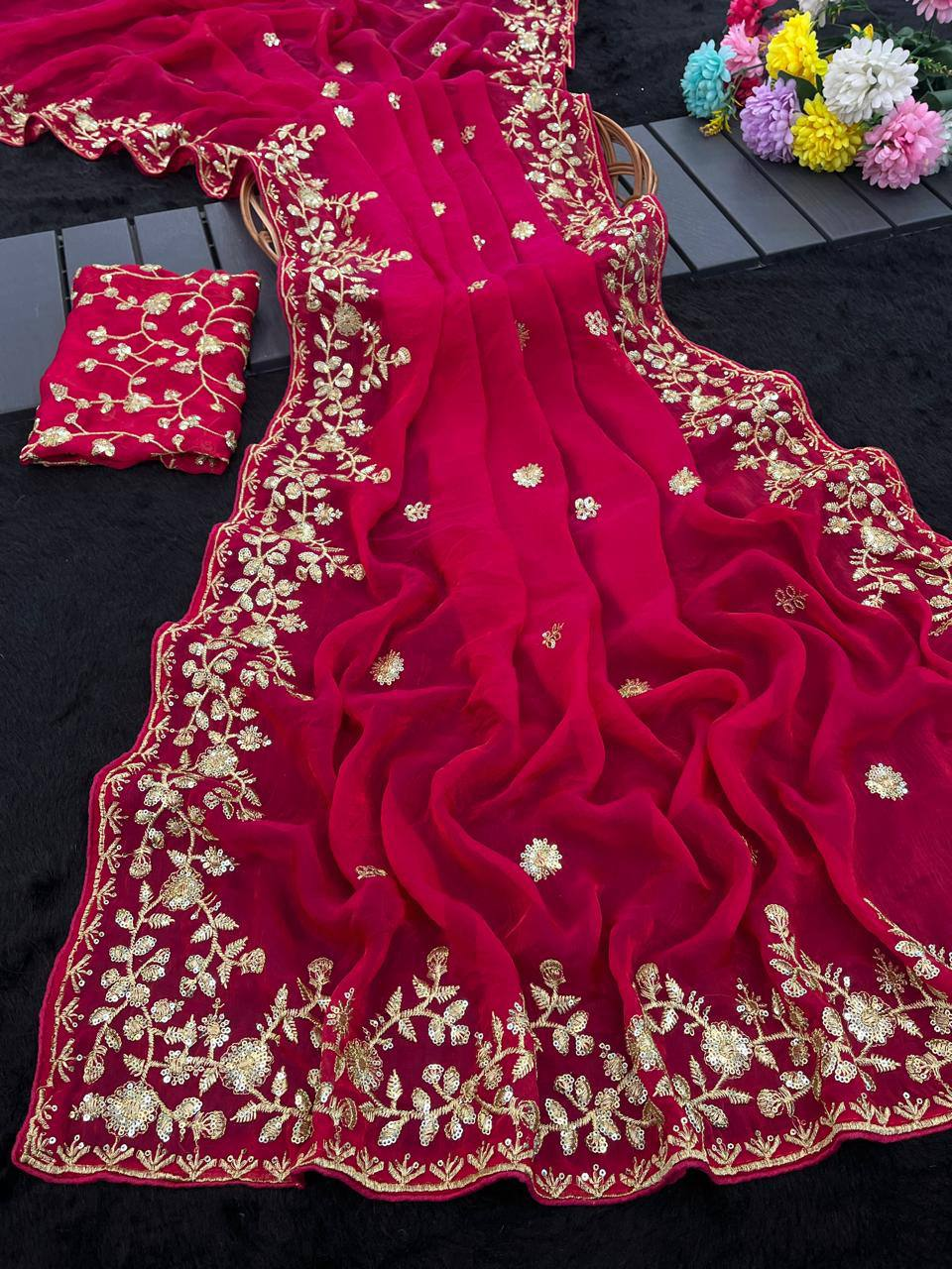 Rani Pink Premium Fancy Chiffon Saree with 3mm Sequence Zari Thread Work