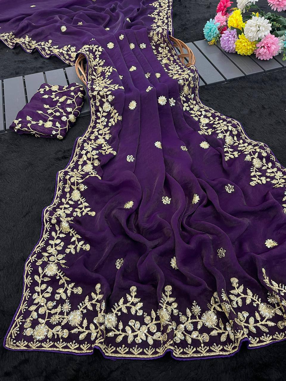 Purple Premium Fancy Chiffon Saree with 3mm Sequence Zari Thread Work