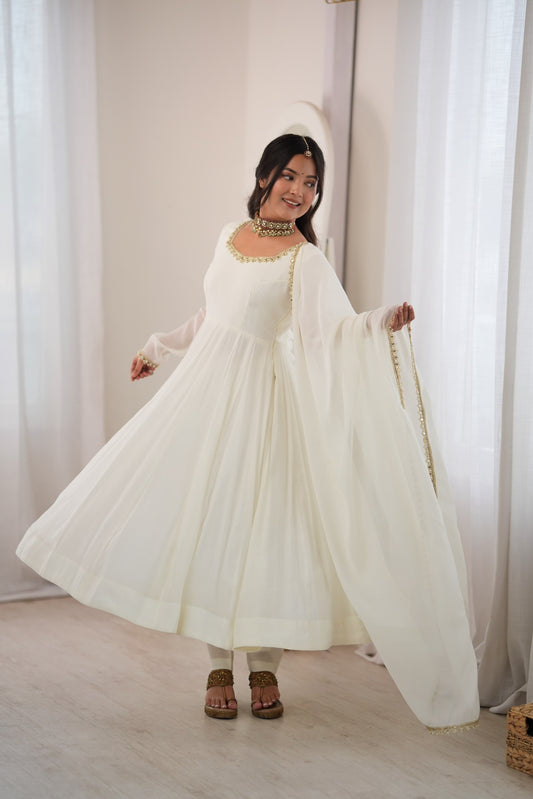 Off White Mirror Work Anarkali Gown for Women with Dupatta