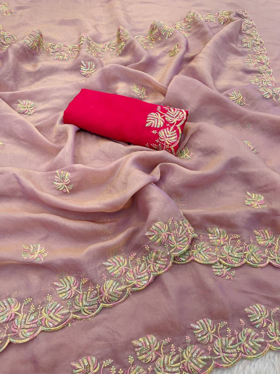 Mauve Premium Moss Chiffon Saree with 3mm Sequence Multi Thread Work & Contrast Blouse