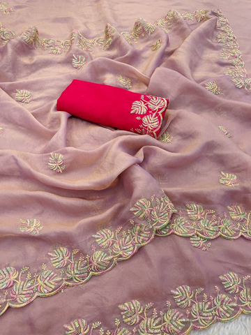 Mauve Premium Moss Chiffon Saree with 3mm Sequence Multi Thread Work & Contrast Blouse