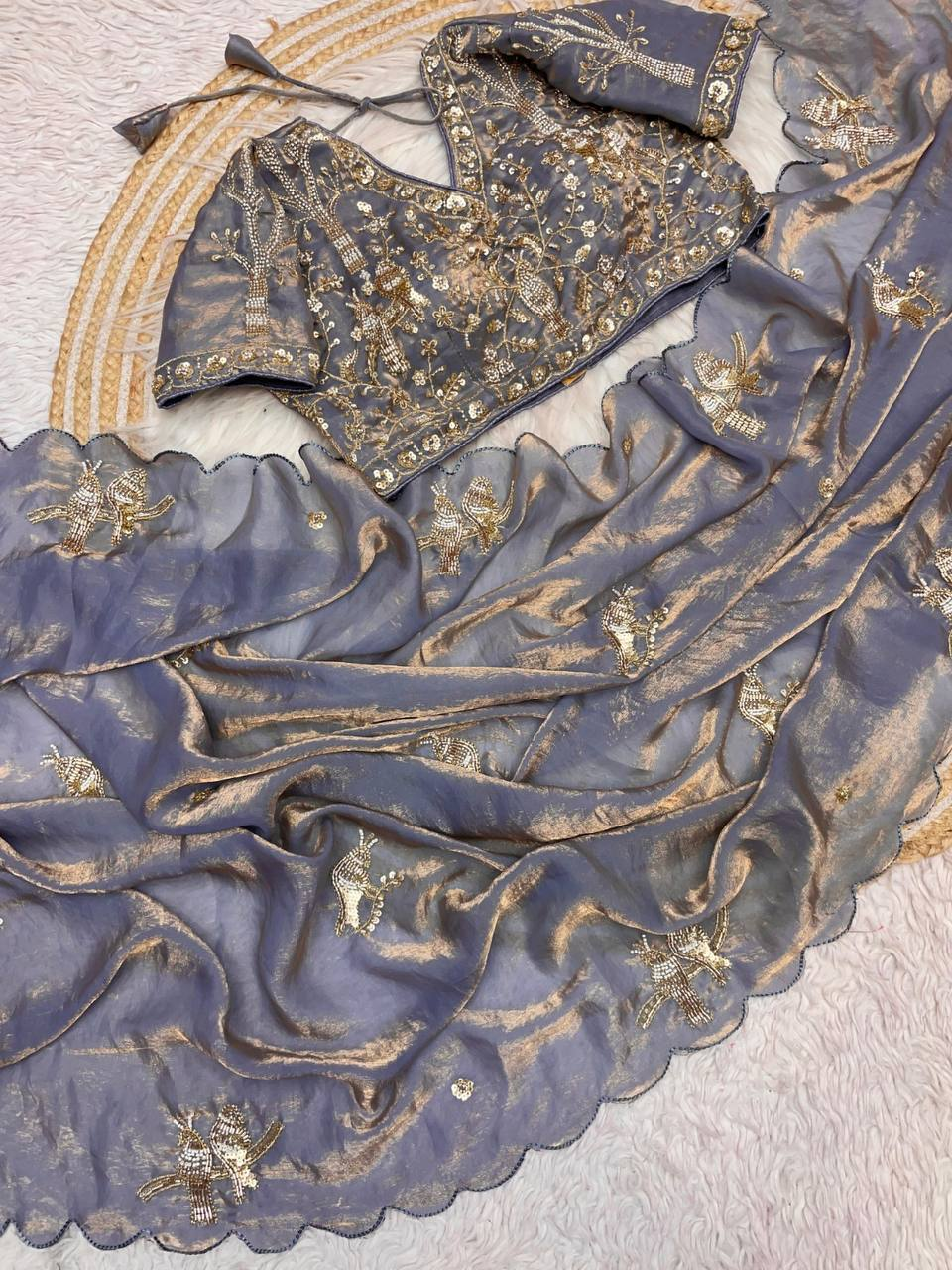 Grey Chakli Saree - Fancy Satin Silk with Sparrow Butta Bits Work & Cutwork Border