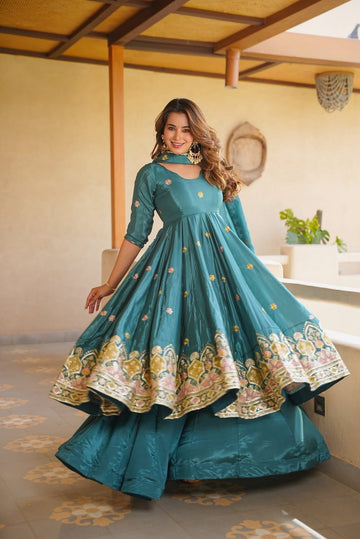 Teal Green Embroidered Anarkali Suit Set for Women with Dupatta