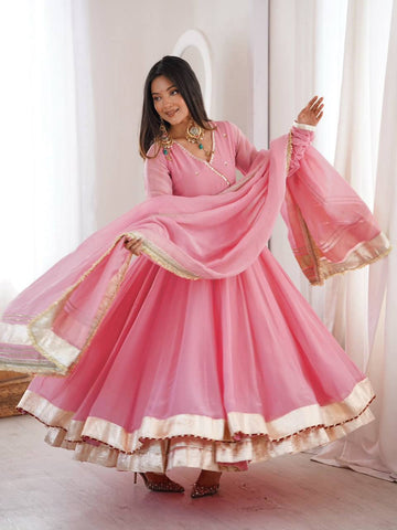 Lime Pink Flared Anarkali Suit Set for Women with Dupatta