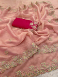Peach Premium Moss Chiffon Saree with 3mm Sequence Multi Thread Work & Contrast Blouse