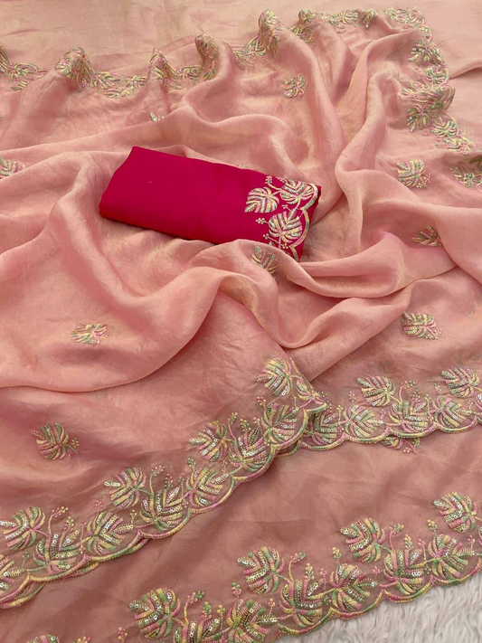 Peach Premium Moss Chiffon Saree with 3mm Sequence Multi Thread Work & Contrast Blouse