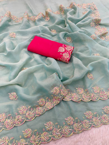 Sky Blue Premium Moss Chiffon Saree with 3mm Sequence Multi Thread Work & Contrast Blouse