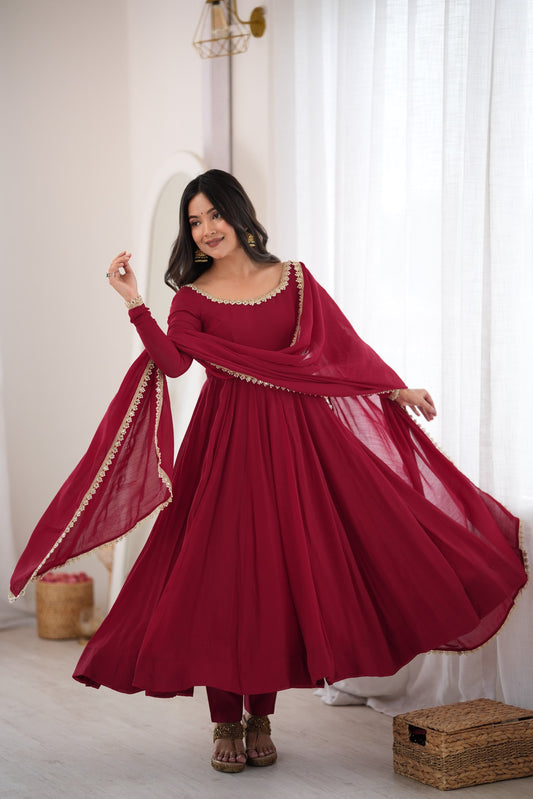 Maroon Mirror Work Anarkali Gown for Women with Dupatta