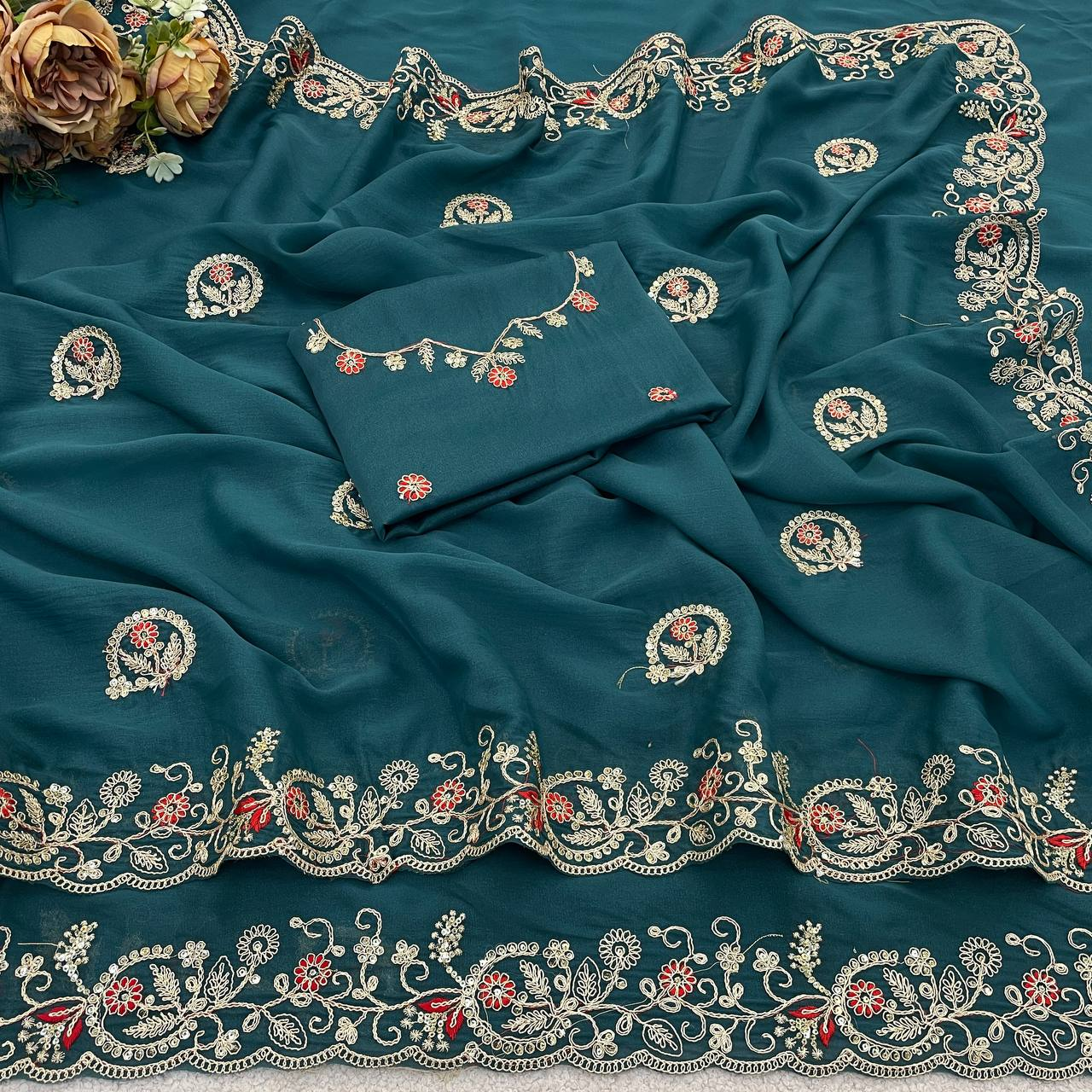 Teal Pure Star Georgette Silk Saree with Sequence Thread Coding Embroidery
