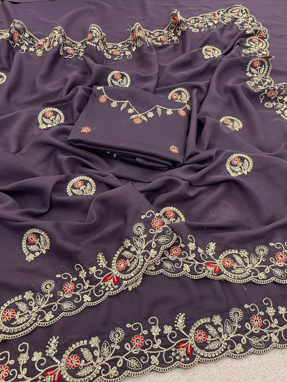 Purple Pure Star Georgette Silk Saree with Sequence Thread Coding Embroidery