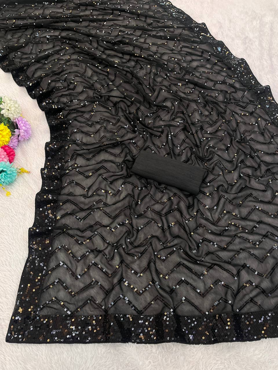 Black Georgette Silk Saree with 5mm Sequence Zig Zag Pattern & Lace Border