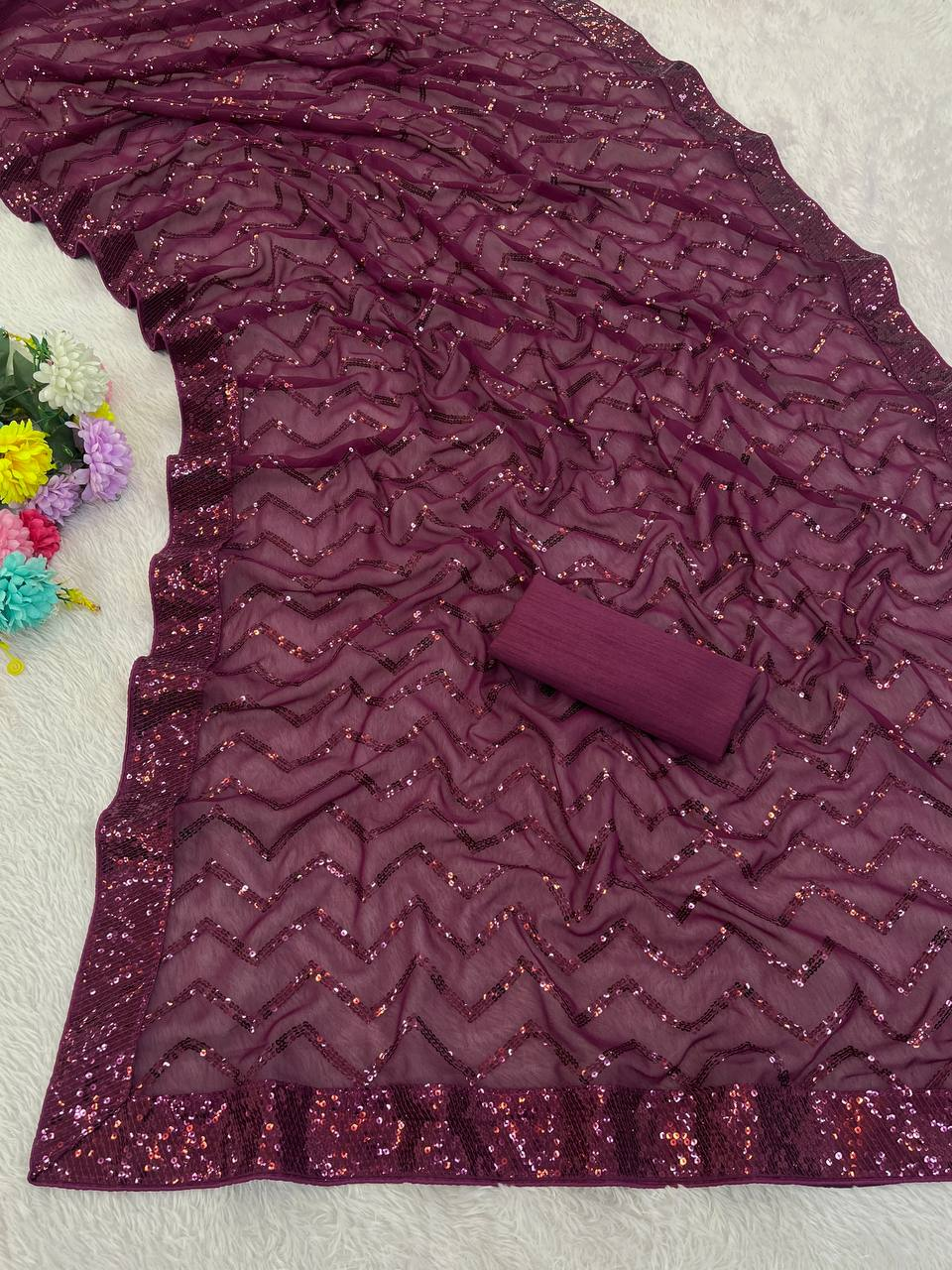 Wine Georgette Silk Saree with 5mm Sequence Zig Zag Pattern & Lace Border