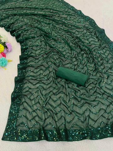 Dark Green Georgette Silk Saree with 5mm Sequence Zig Zag Pattern & Lace Border