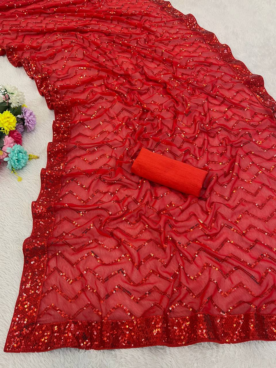 Red Georgette Silk Saree with 5mm Sequence Zig Zag Pattern & Lace Border